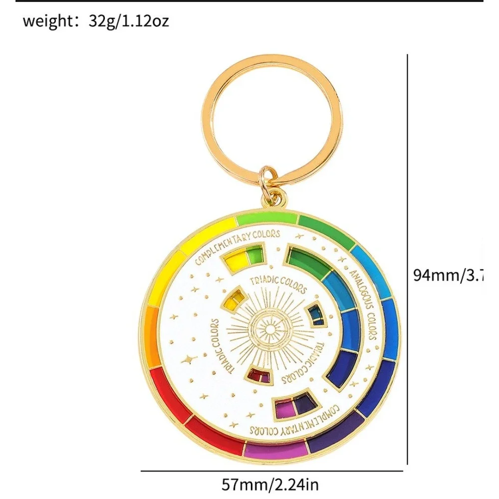 Rotating Color Theory Wheel Keychain Gold Enamel Artist Tool Rainbow Key Ring